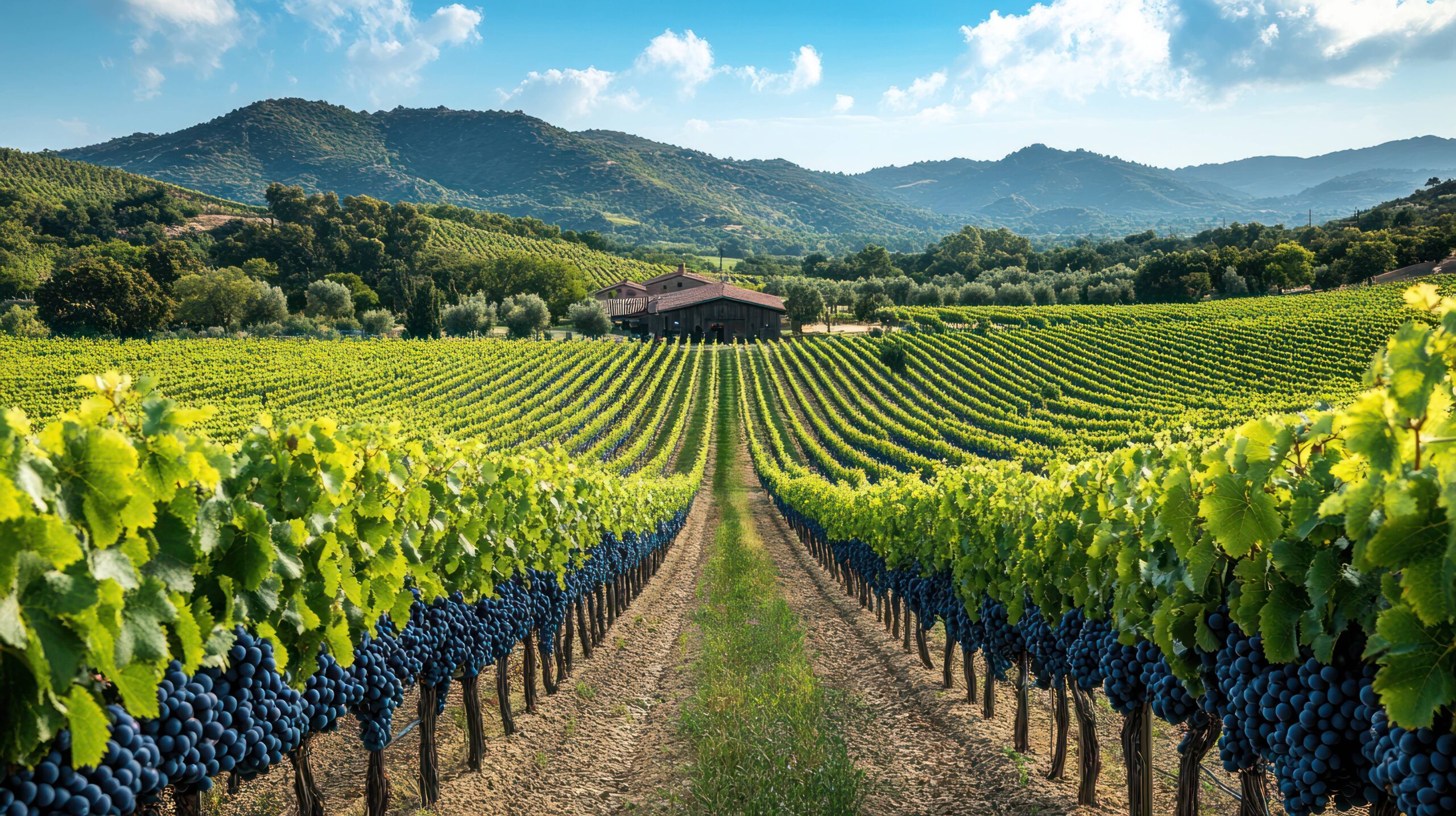 Rows of grapevines leading to farmhouse