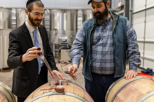 Two men sampling wine from oak barrels